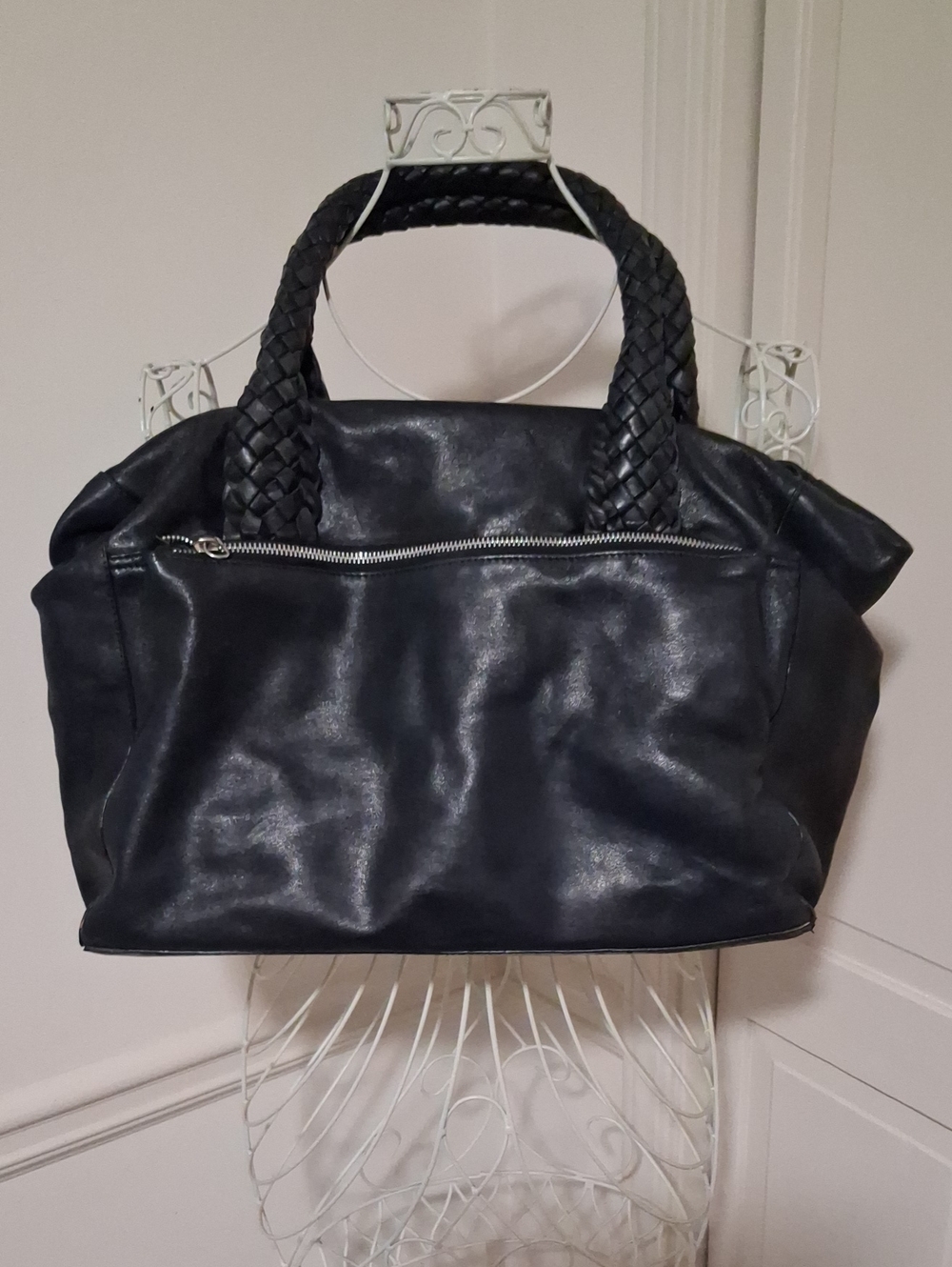Falor's Women's Black Braided-Handle Leather Tote Bag